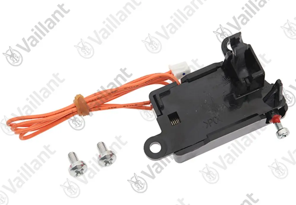 Vaillant Schalter mit orangefarbenen Kabeln und zwei Schrauben zur Befestigung. Der Schalter ist in einem kompakten Gehäuse untergebracht.